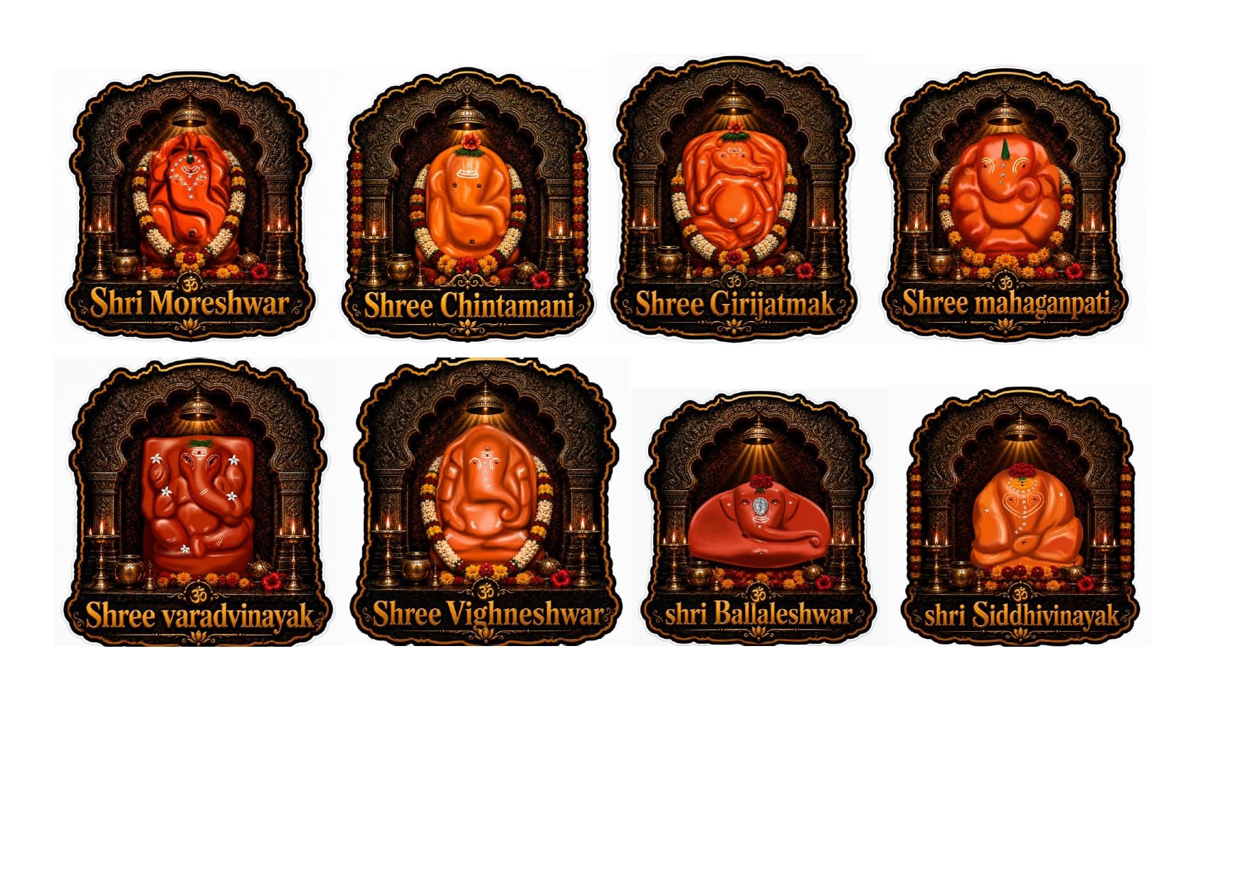 Ashtavinayaka Stickers Set of 8 – Ganesh Festival & Pooja Room Vinyl Stickers