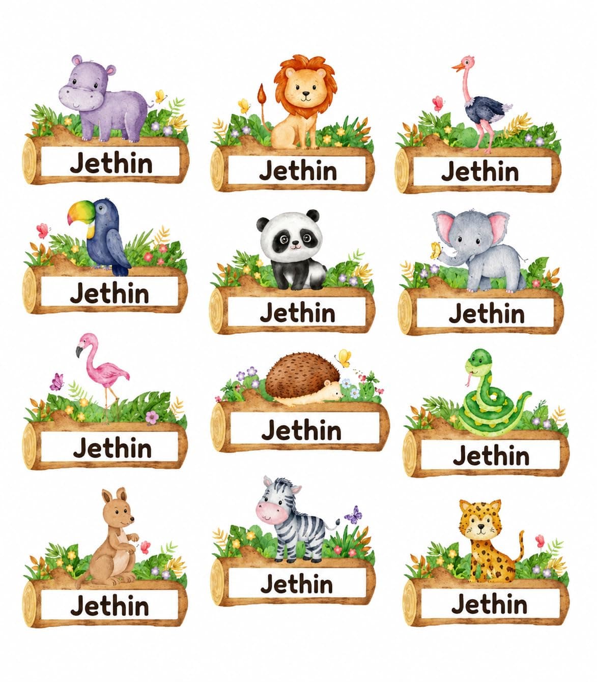 Personalized Name Label Stickers for Kids School | Waterproof Watercolor Animal Name Labels (Pack of 24)