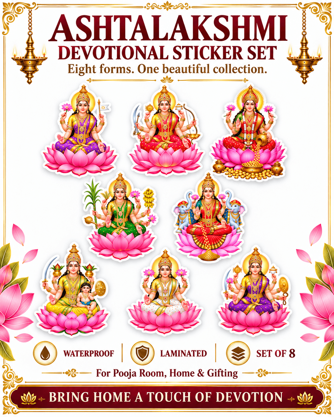Ashta Lakshmi Stickers Set of 8 – Goddess Lakshmi Devotional Stickers