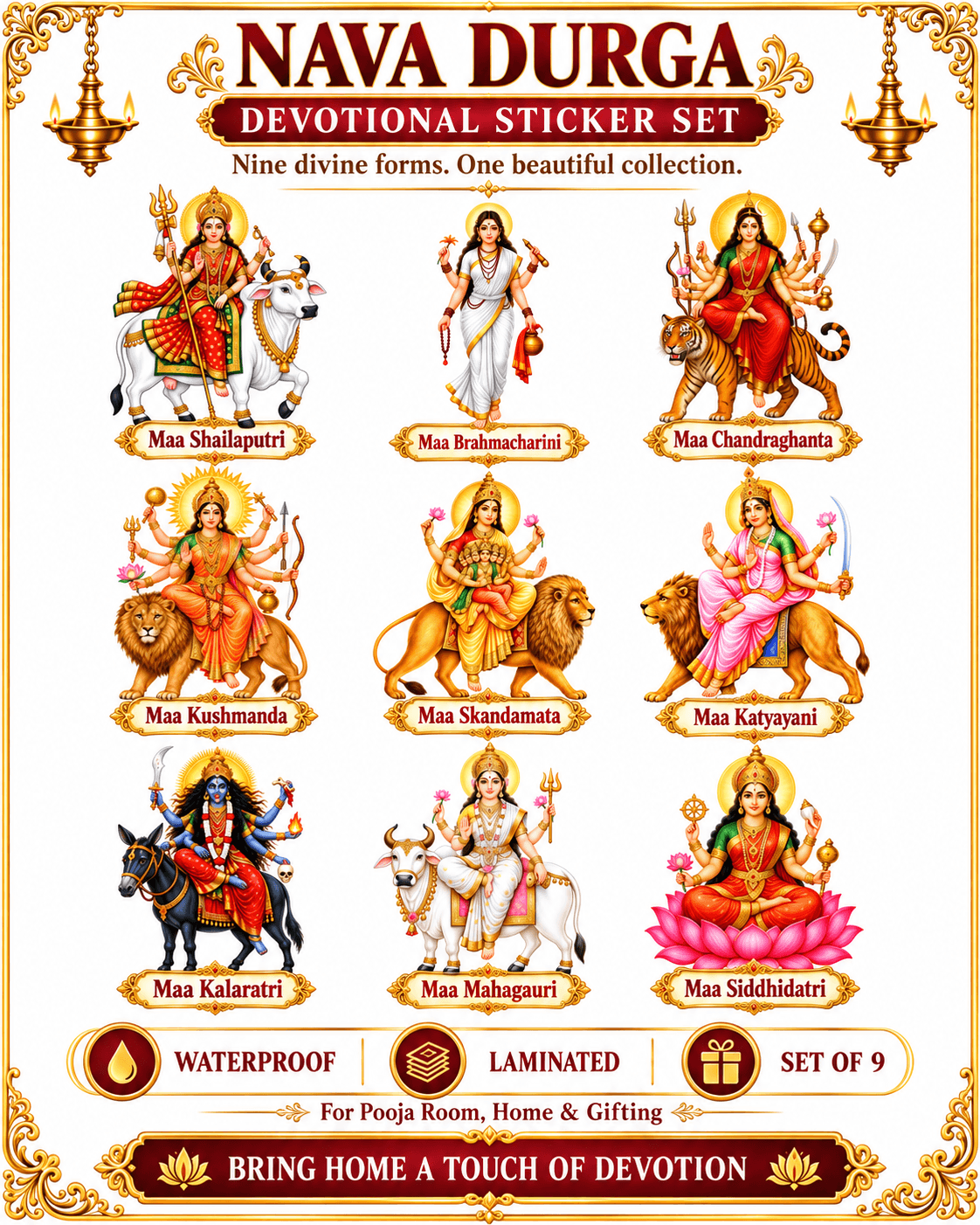 Nava Durga Stickers Set of 9 – Nine Divine Forms of Goddess Durga