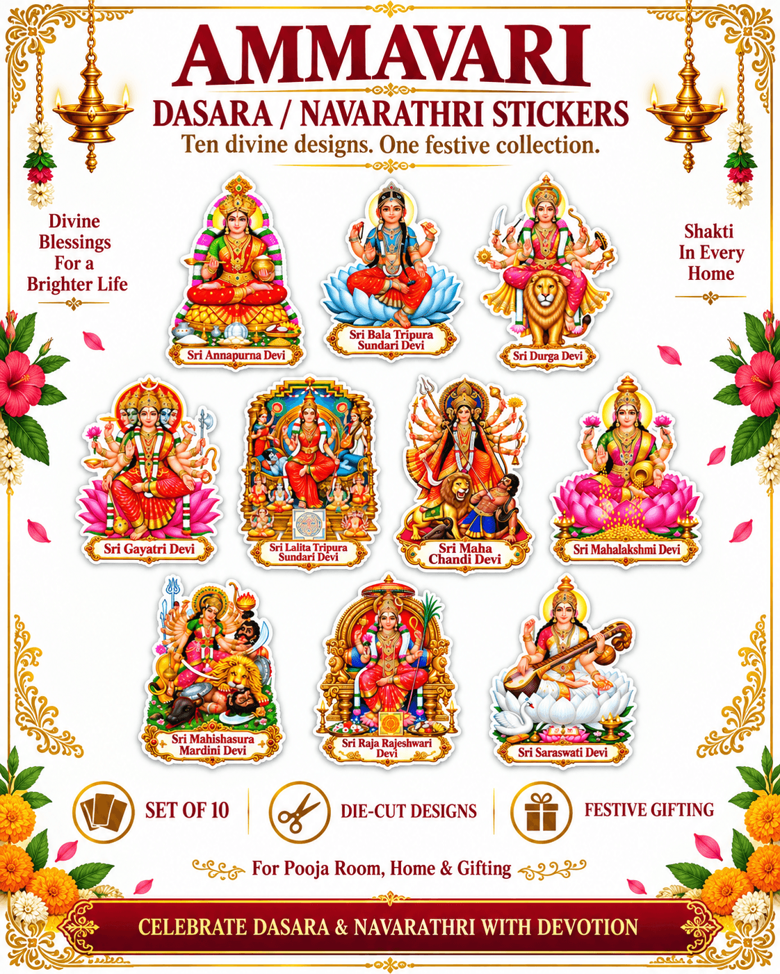 Ammavari Dasara Navarathri Festival Stickers Set of 10