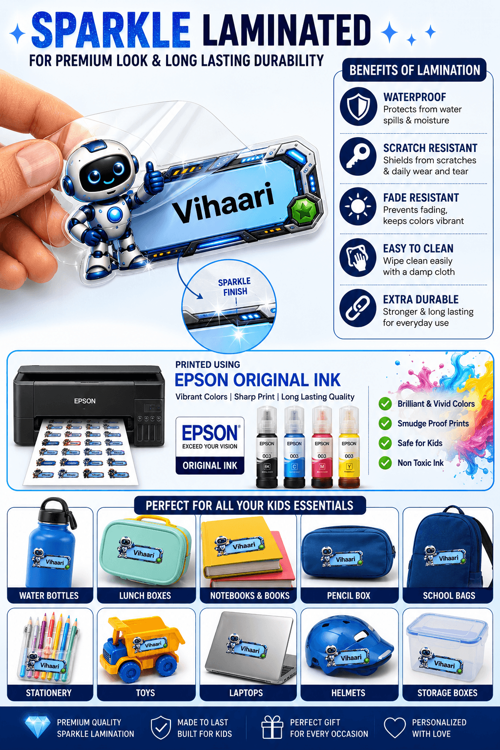 Personalized Name Label Stickers for Kids | Custom Waterproof Vinyl Name Stickers for School | Bottle, Lunch Box, Pencil Box, Books | Cute Robot Theme | Pack of 35