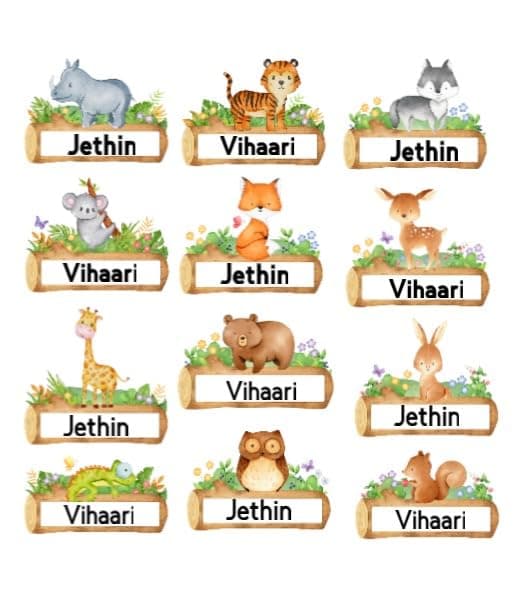 Personalized Name Label Stickers for Kids School | Waterproof Watercolor Animal Name Labels (Pack of 24)