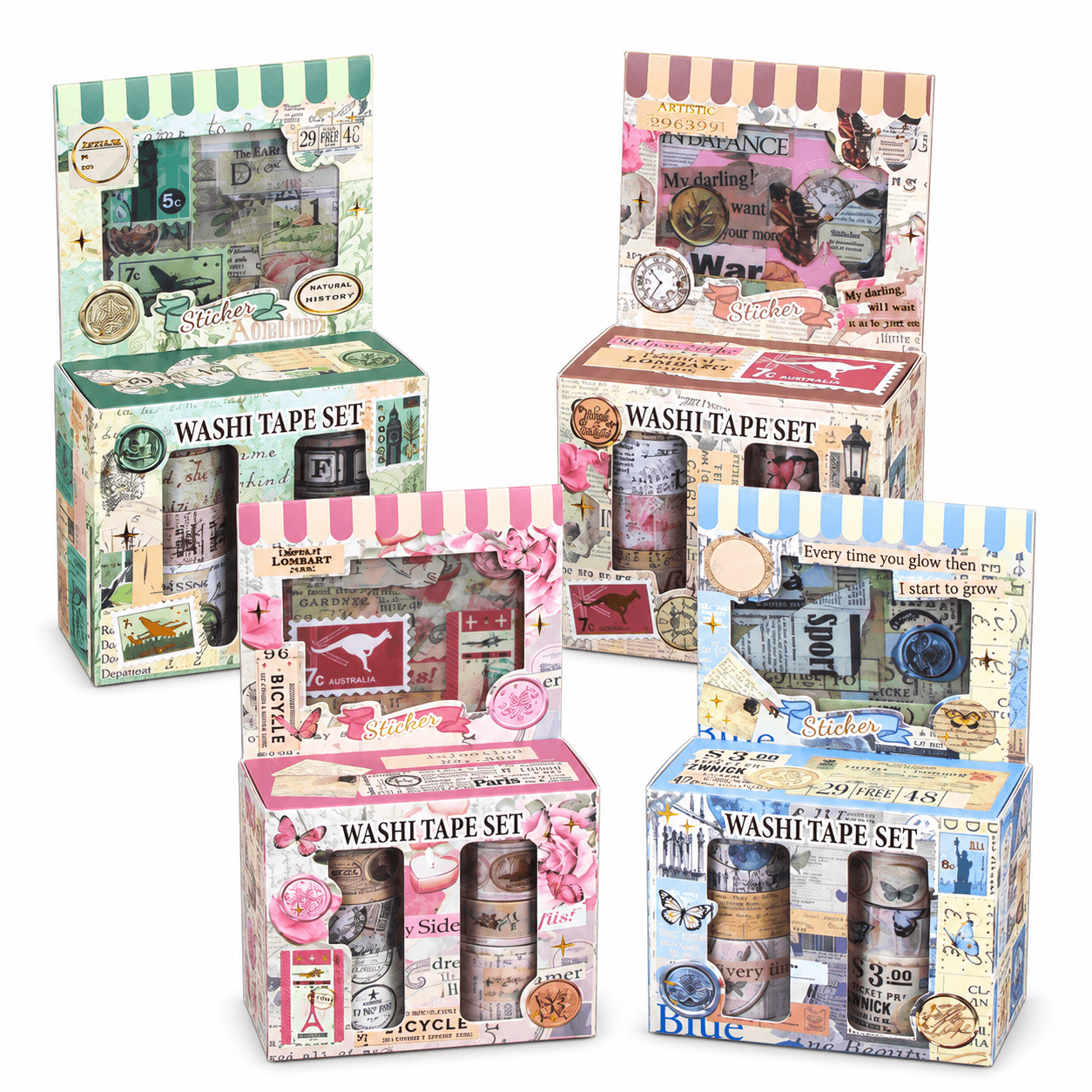 Vintage Washi Tape & Sticker Set – 10 Rolls + 4 Sticker Sheets